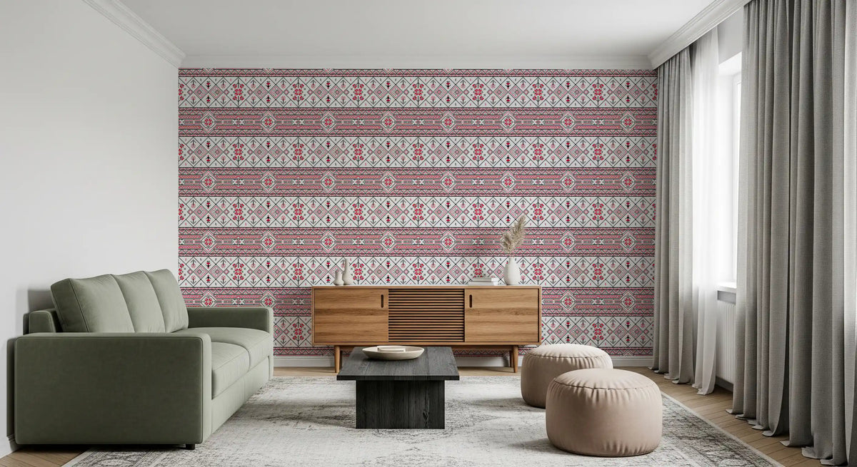 Minimalistisk tapet med broderet folk-inspireret tekstur