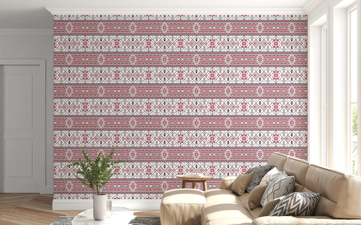 Minimalistisk tapet med broderet folk-inspireret tekstur