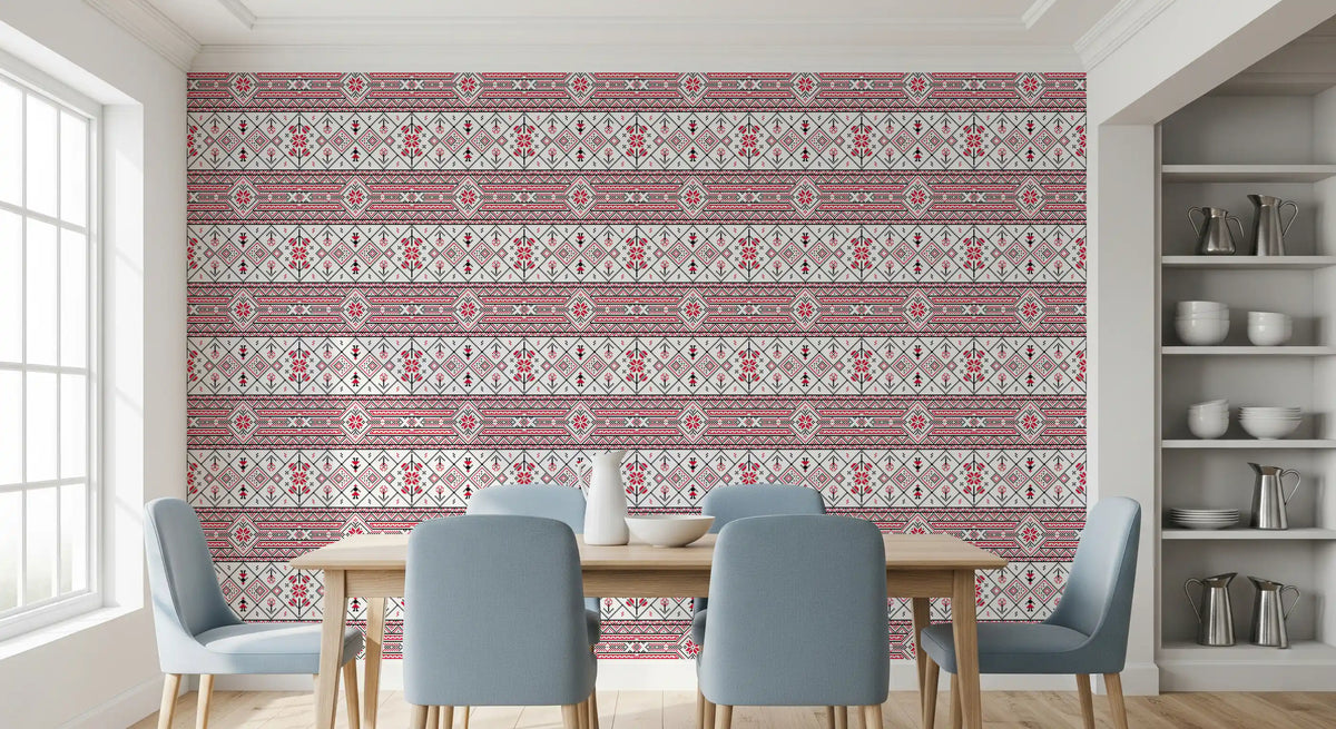 Minimalistisk tapet med broderet folk-inspireret tekstur
