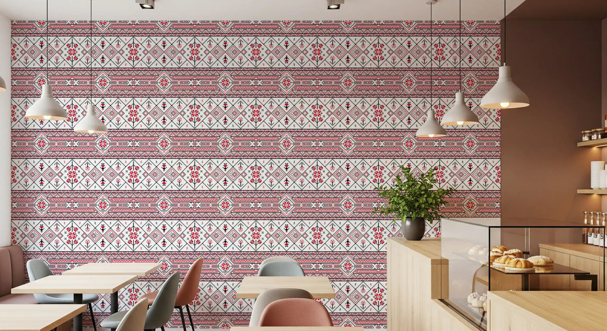 Minimalistisk tapet med broderet folk-inspireret tekstur