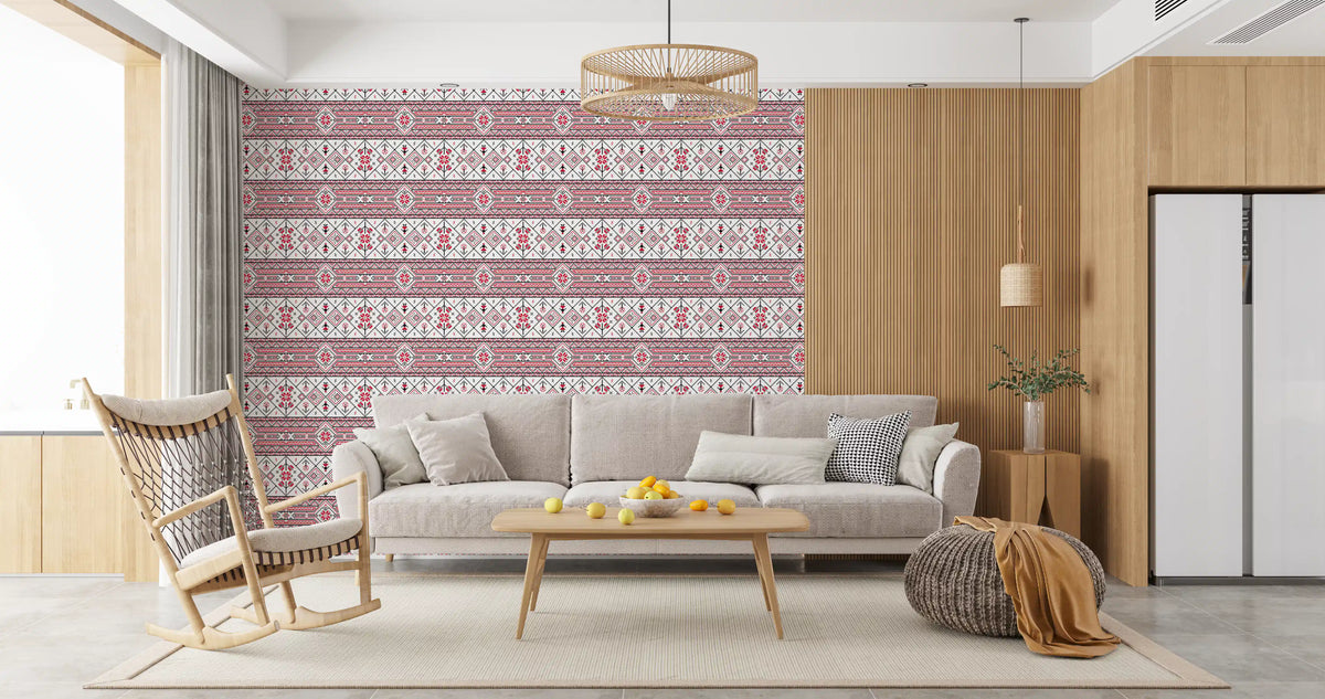 Minimalistisk tapet med broderet folk-inspireret tekstur