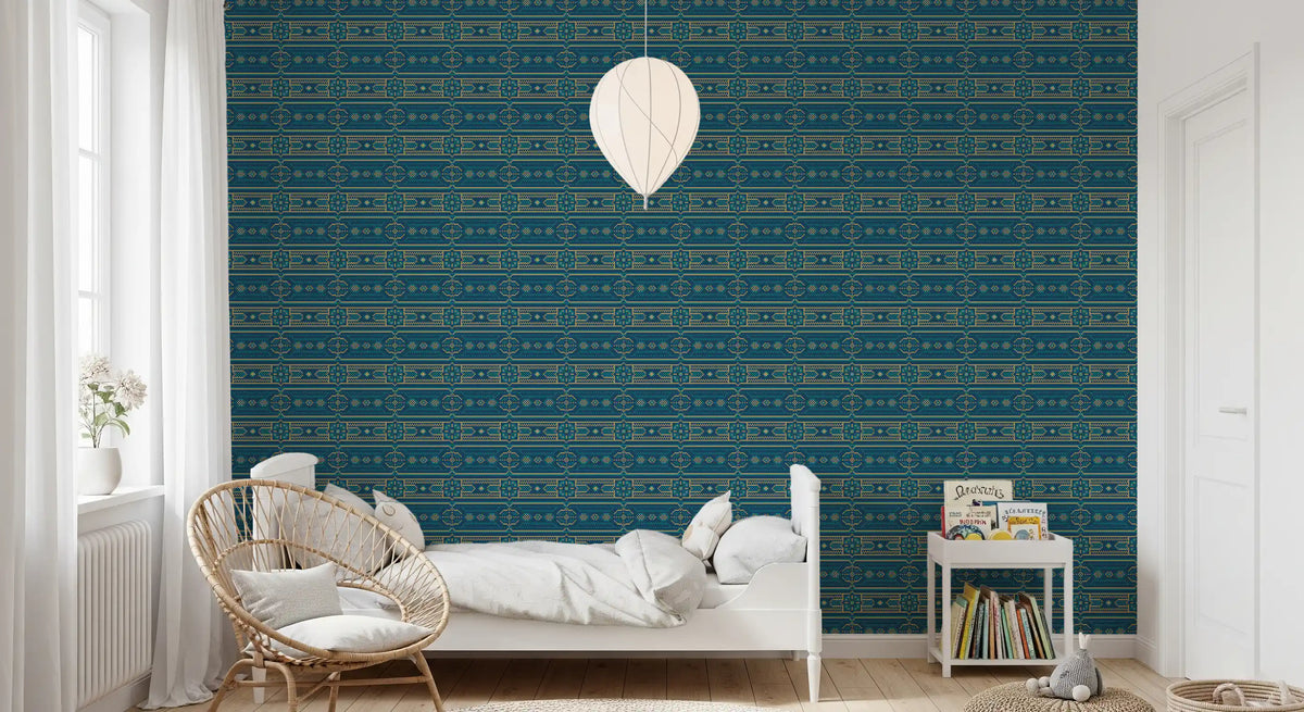 Abstrakti sinivihreä ja kultainen mosaiikkitapetti