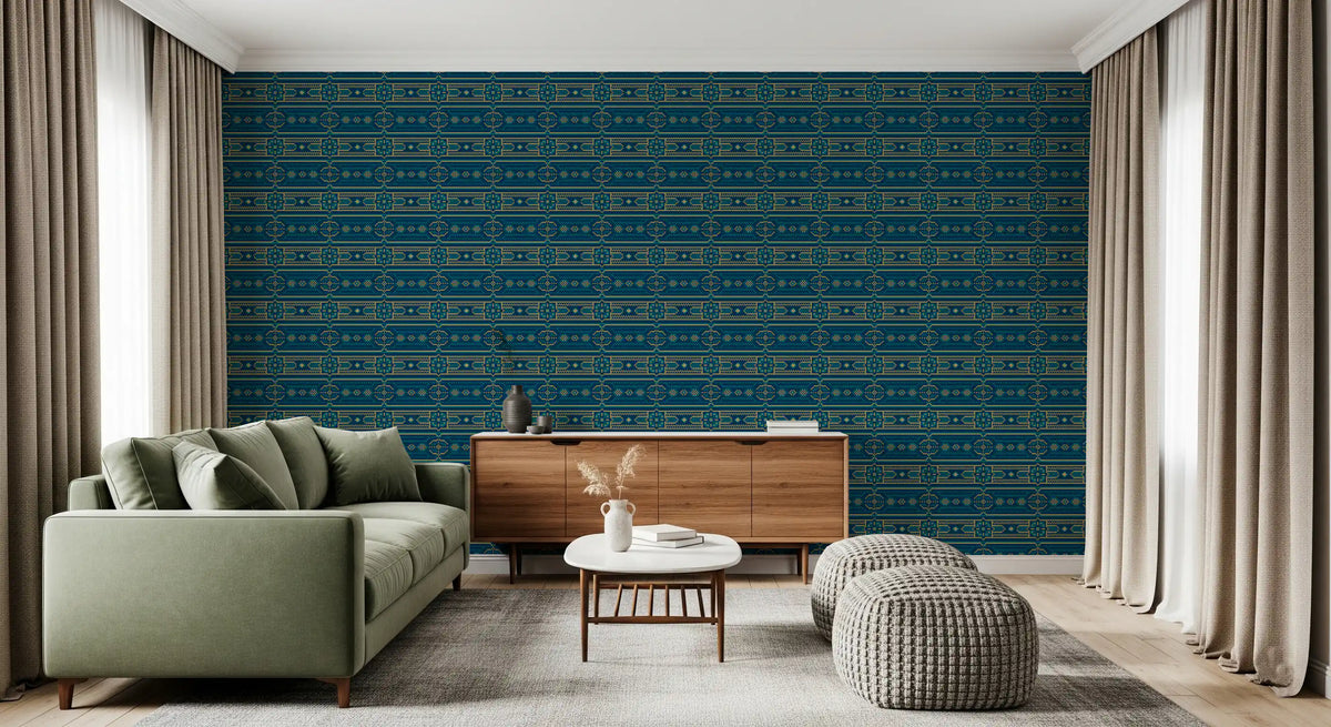 Abstrakti sinivihreä ja kultainen mosaiikkitapetti