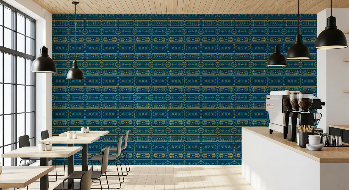 Abstrakti sinivihreä ja kultainen mosaiikkitapetti