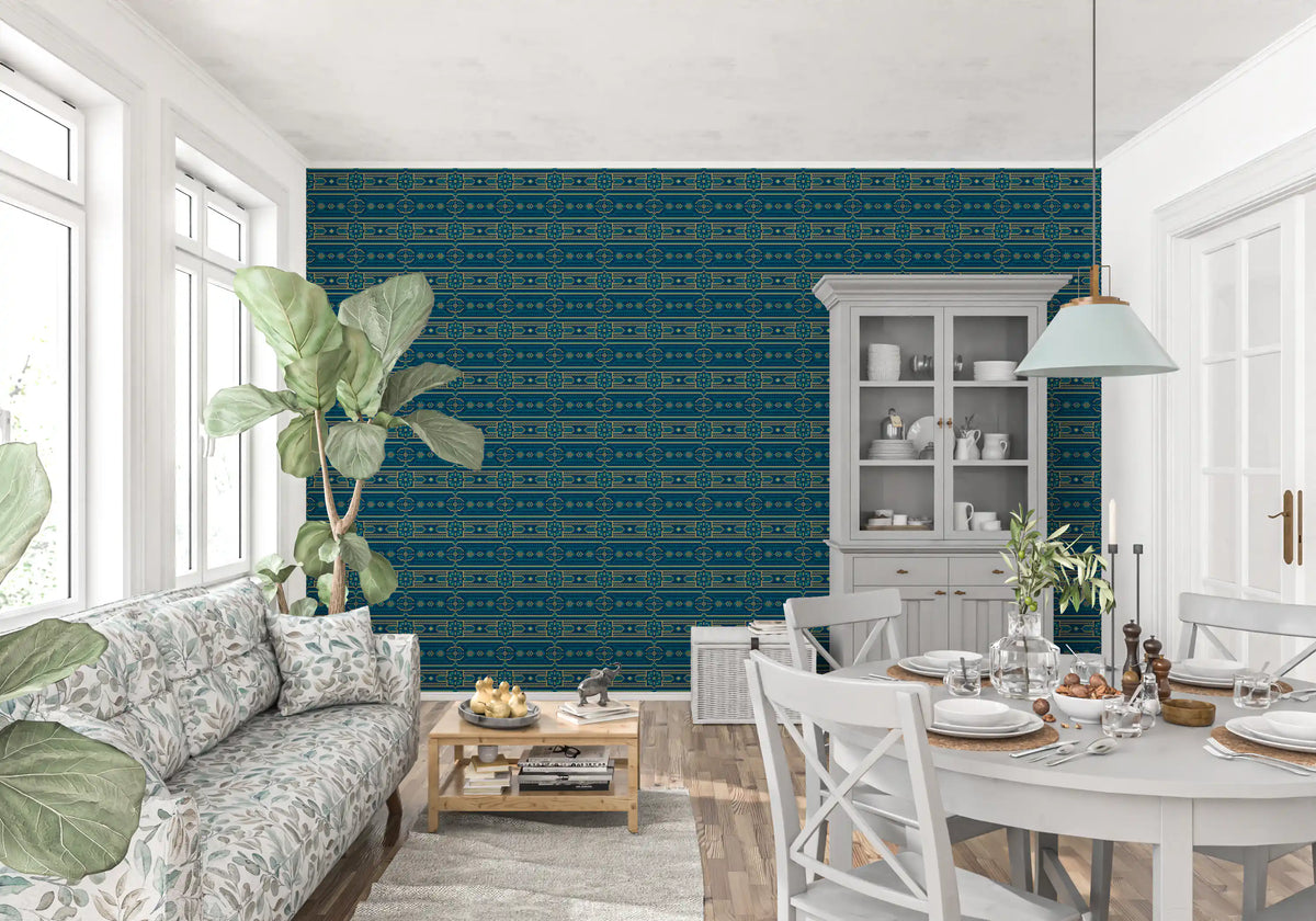 Abstrakti sinivihreä ja kultainen mosaiikkitapetti