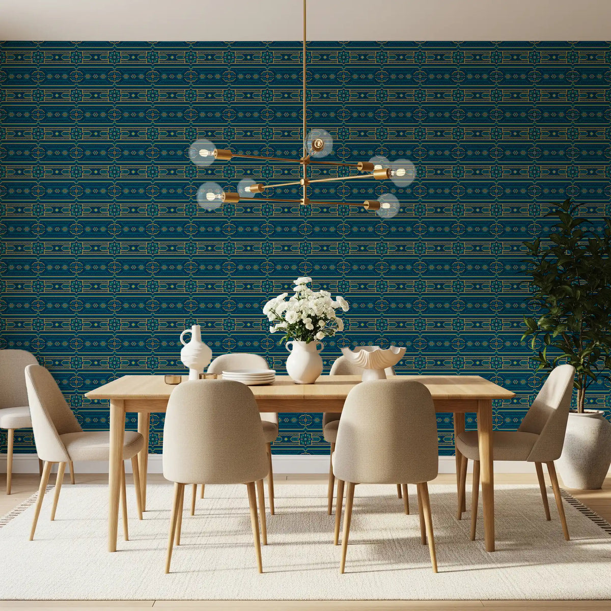 Abstrakti sinivihreä ja kultainen mosaiikkitapetti