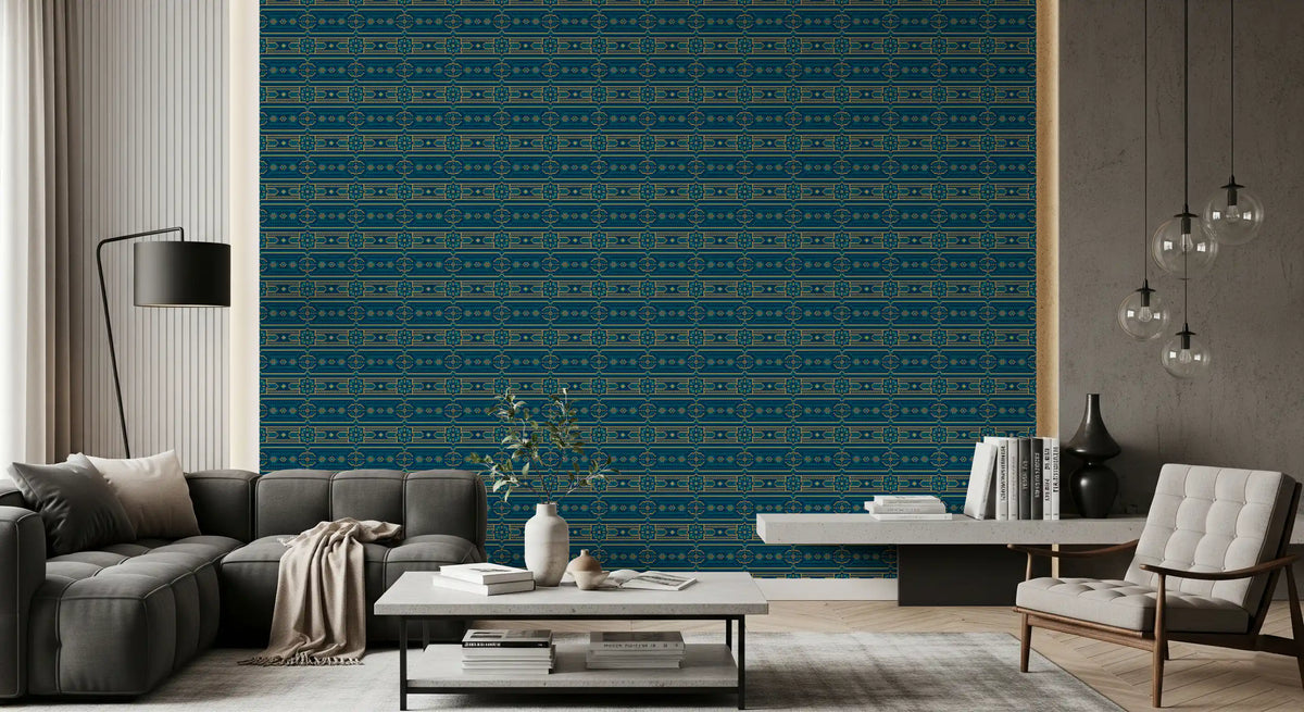 Abstrakti sinivihreä ja kultainen mosaiikkitapetti