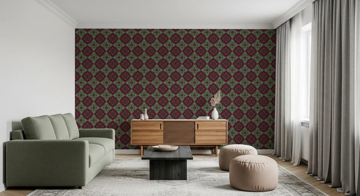 Geometric wallpaper in berry red behind a sage green sofa and wooden sideboard GD13587