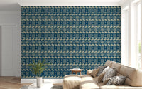 Papel tapiz con motivo folclórico de elefantes y palmeras