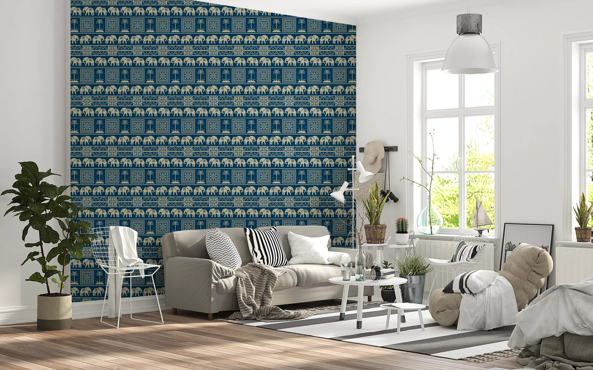 Papel tapiz con motivo folclórico de elefantes y palmeras
