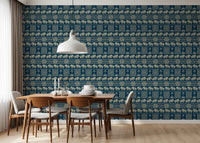Papel tapiz con motivo folclórico de elefantes y palmeras