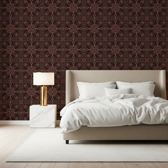 Tapeta z geometrycznym wzorem haftu krzyżykowego w kolorze burgundowym