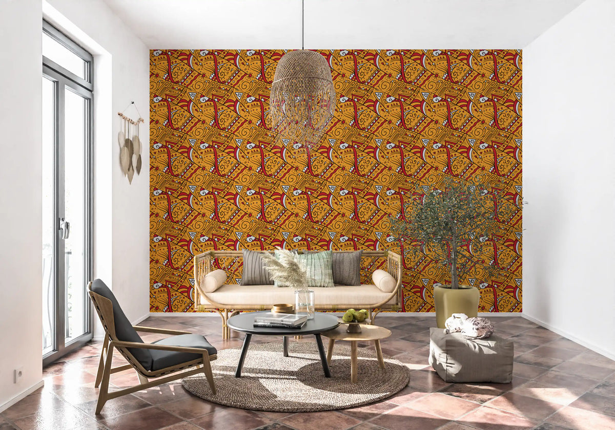 Papier peint à motifs géométriques ocres tribaux