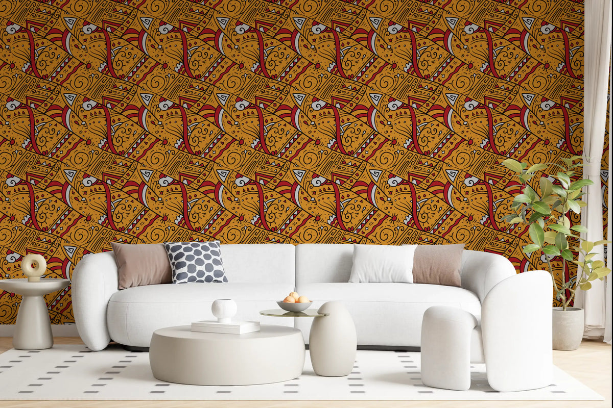 Papier peint à motifs géométriques ocres tribaux