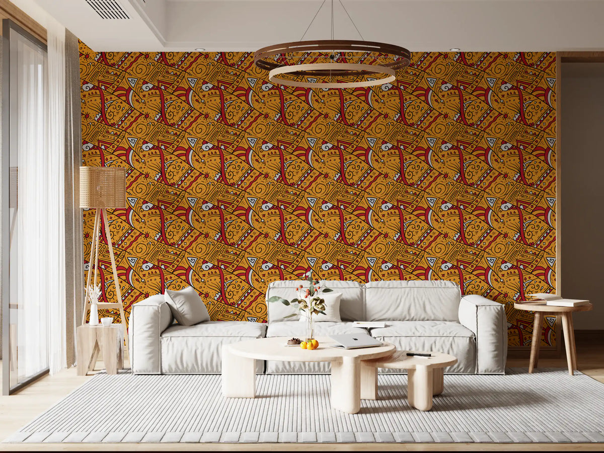 Papier peint à motifs géométriques ocres tribaux