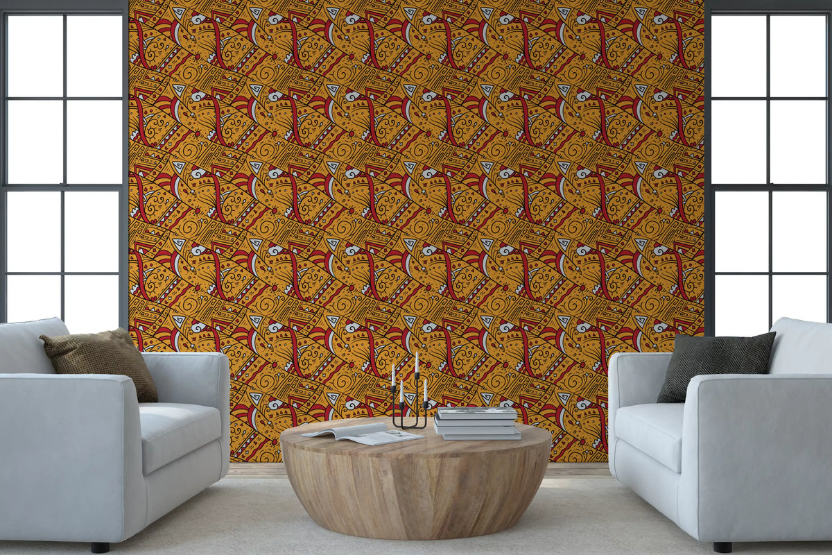 Papier peint à motifs géométriques ocres tribaux