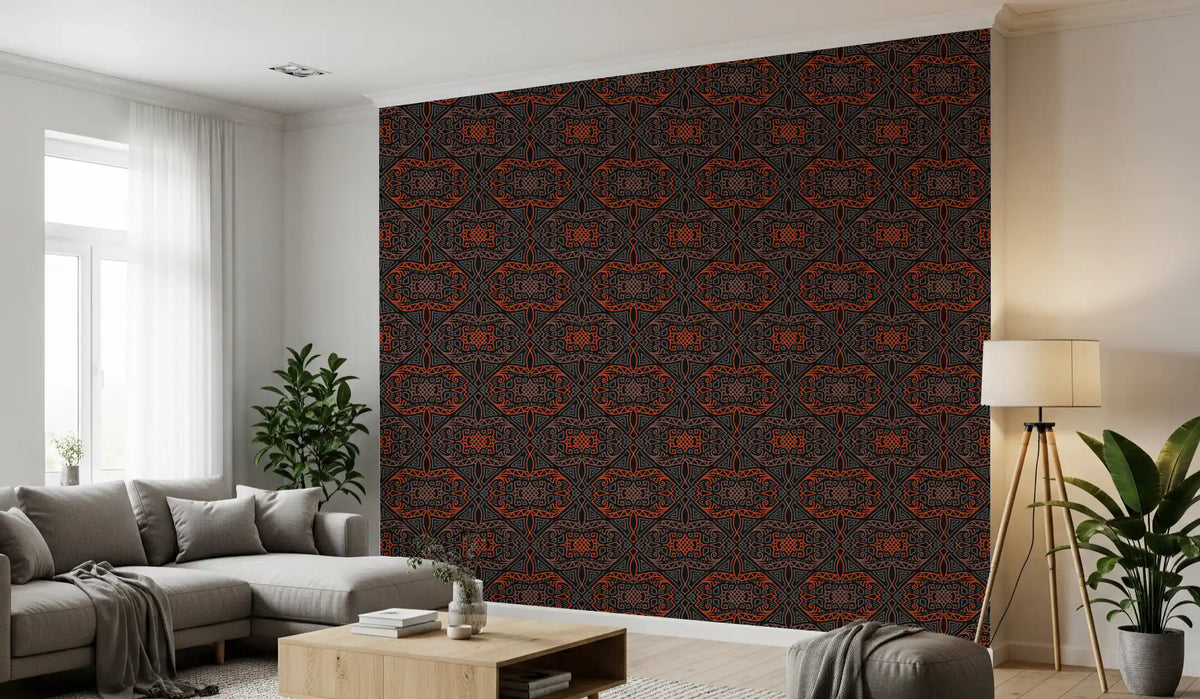 Tapete mit abstrakten Linien in Anthrazit und Terrakotta