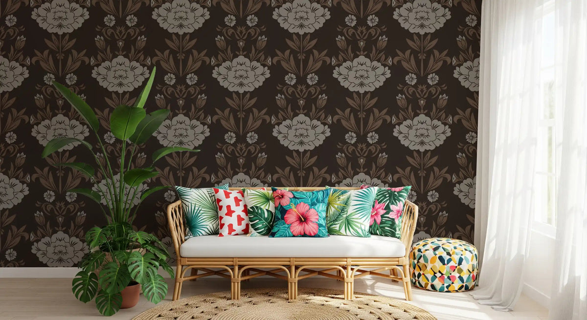 Papel tapiz con motivo floral damasco Choco⁠