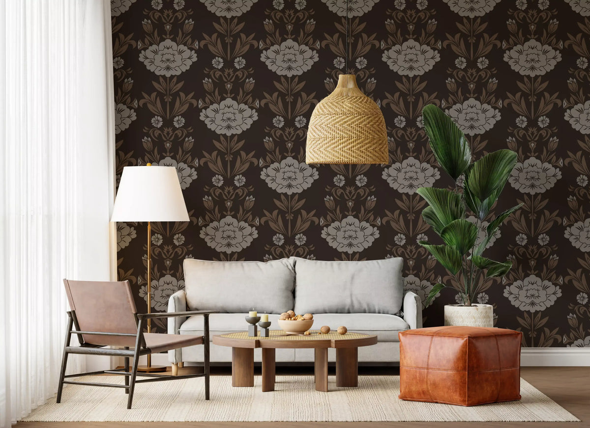 Papel tapiz con motivo floral damasco Choco⁠