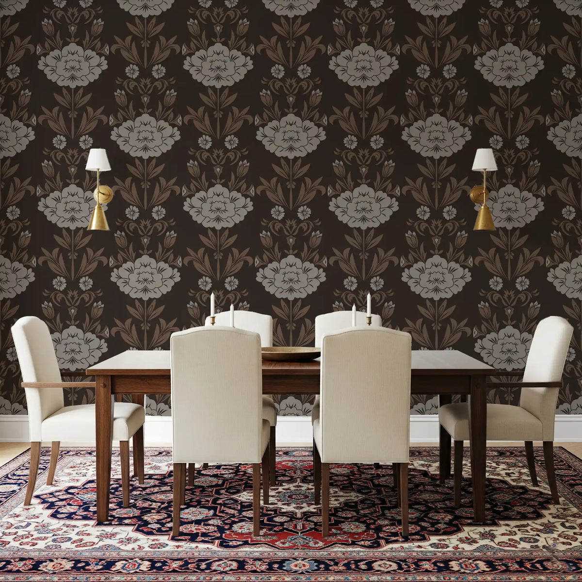 Papel tapiz con motivo floral damasco Choco⁠