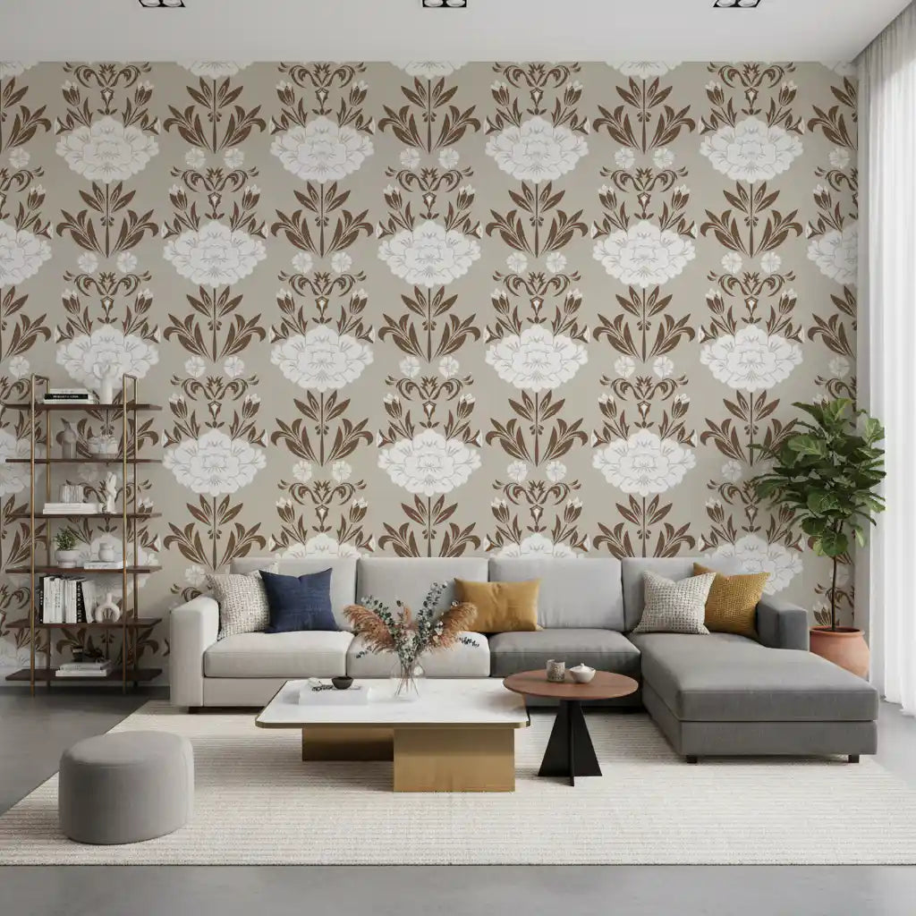 Blumentapete mit Damastmuster in Creme und Braun