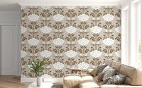 Blumentapete mit Damastmuster in Creme und Braun