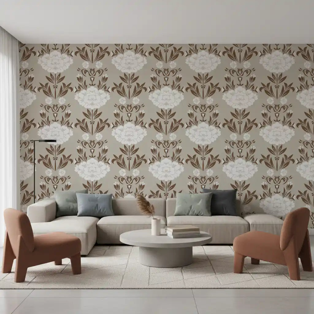 Blumentapete mit Damastmuster in Creme und Braun