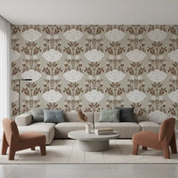 Blumentapete mit Damastmuster in Creme und Braun