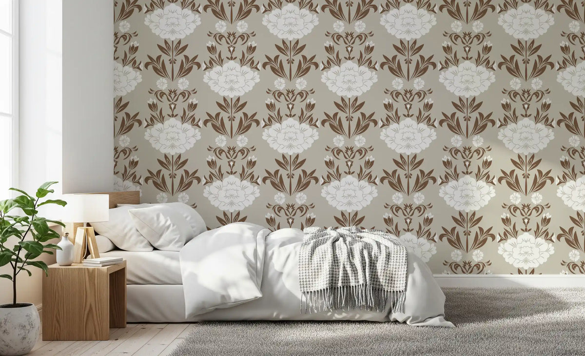 Blumentapete mit Damastmuster in Creme und Braun