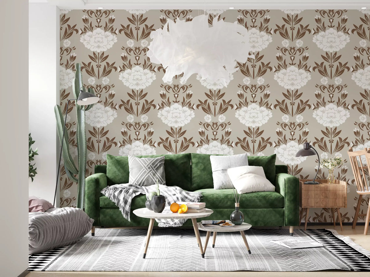 Papier peint à motif damassé floral crème et marron