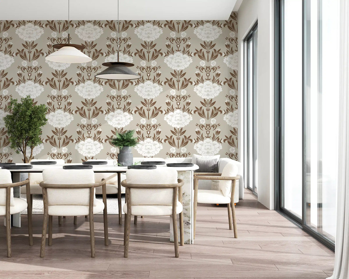 Blumentapete mit Damastmuster in Creme und Braun