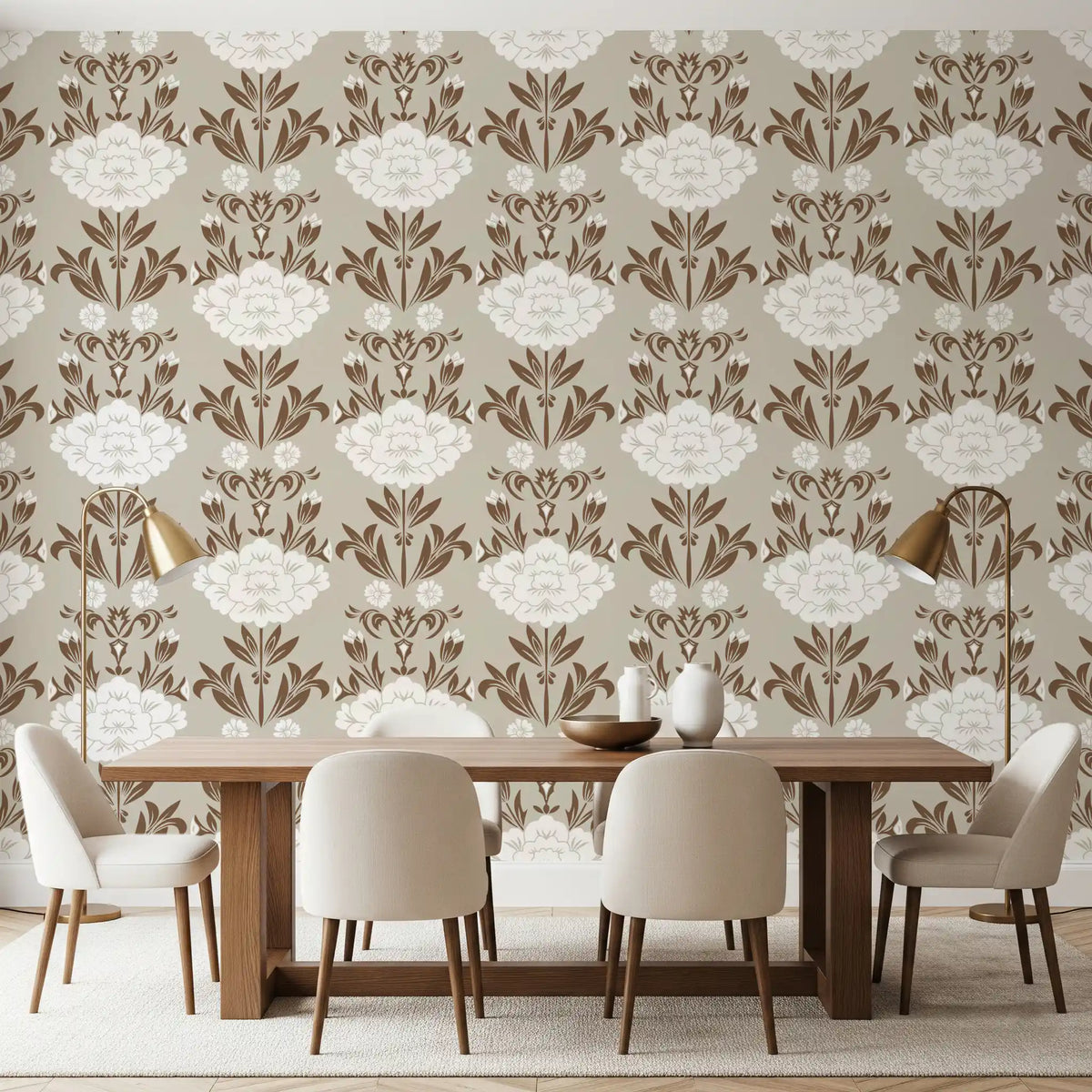 Blumentapete mit Damastmuster in Creme und Braun