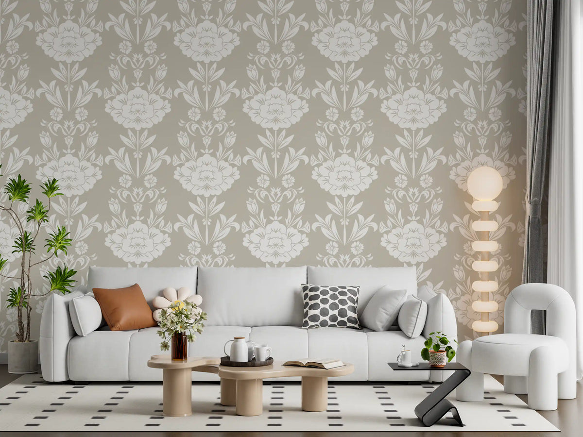 Papel de parede com motivo floral adamascado minimalista