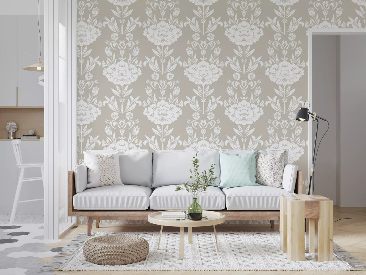 Papel de parede com motivo floral adamascado minimalista