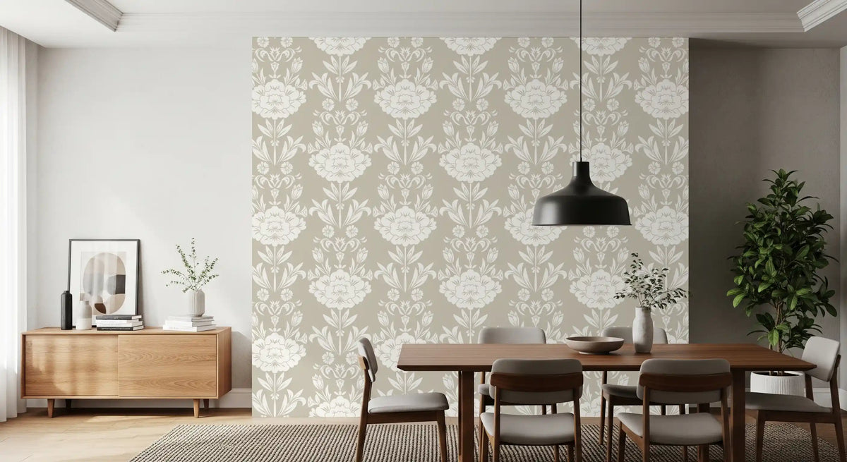 Papel de parede com motivo floral adamascado minimalista