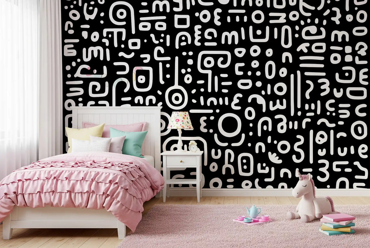 Monochrome geometrische Kritzel-Symbole auf schwarzem Wandbild