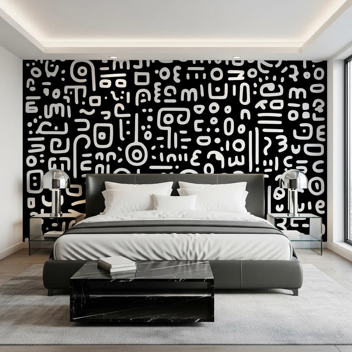 Monochrome geometrische Kritzel-Symbole auf schwarzem Wandbild