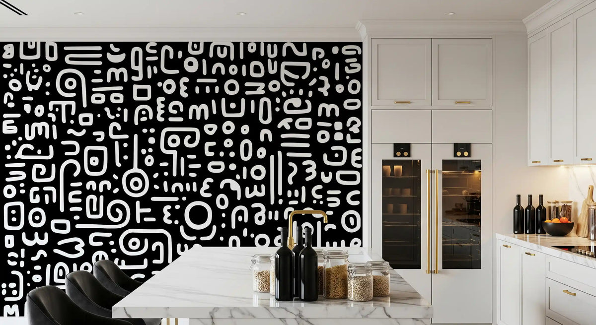 Monochrome geometrische Kritzel-Symbole auf schwarzem Wandbild