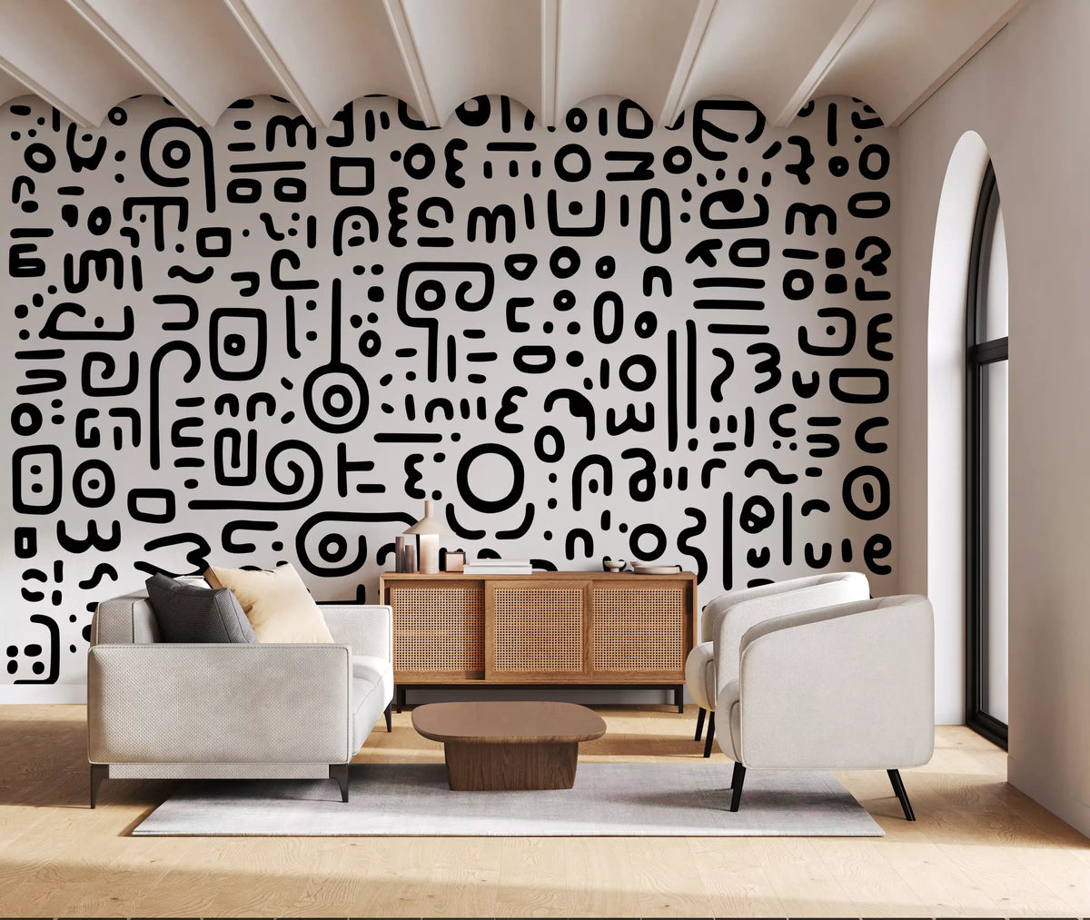 Minimalistisches schwarz-weißes Doodle-Kunst-Wandbild