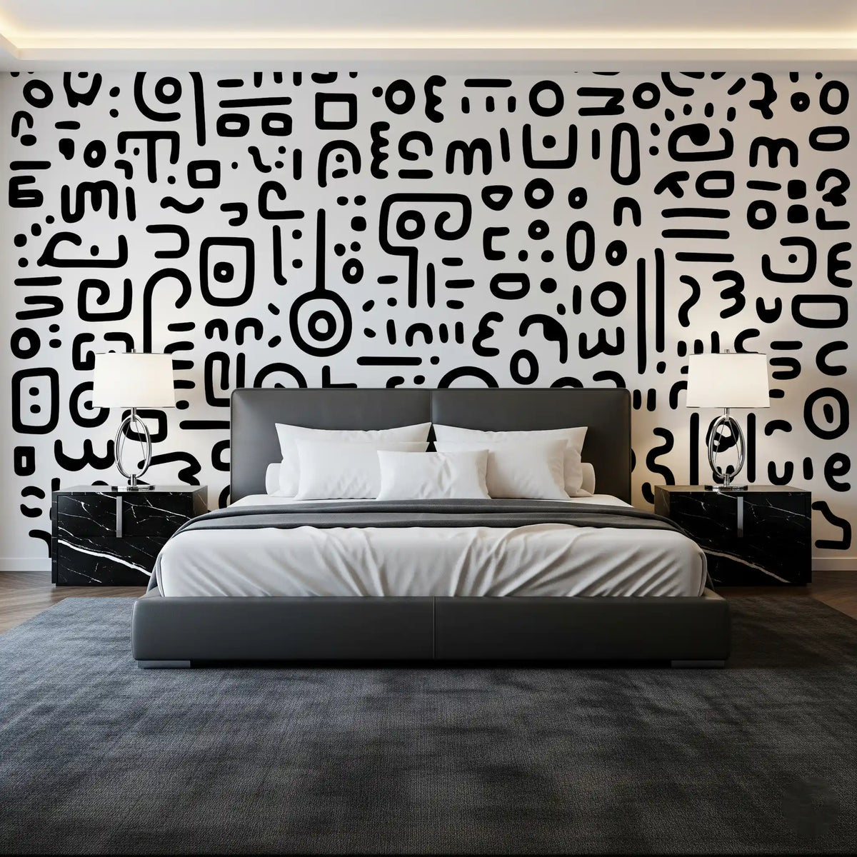 Bedroom with a black upholstered bed and marble nightstands against black and white wallpaper GD13625