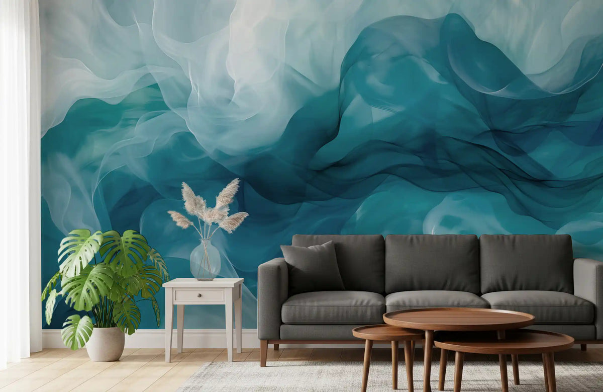 Papier peint panoramique aux volutes de fumée bleu sarcelle éthérées
