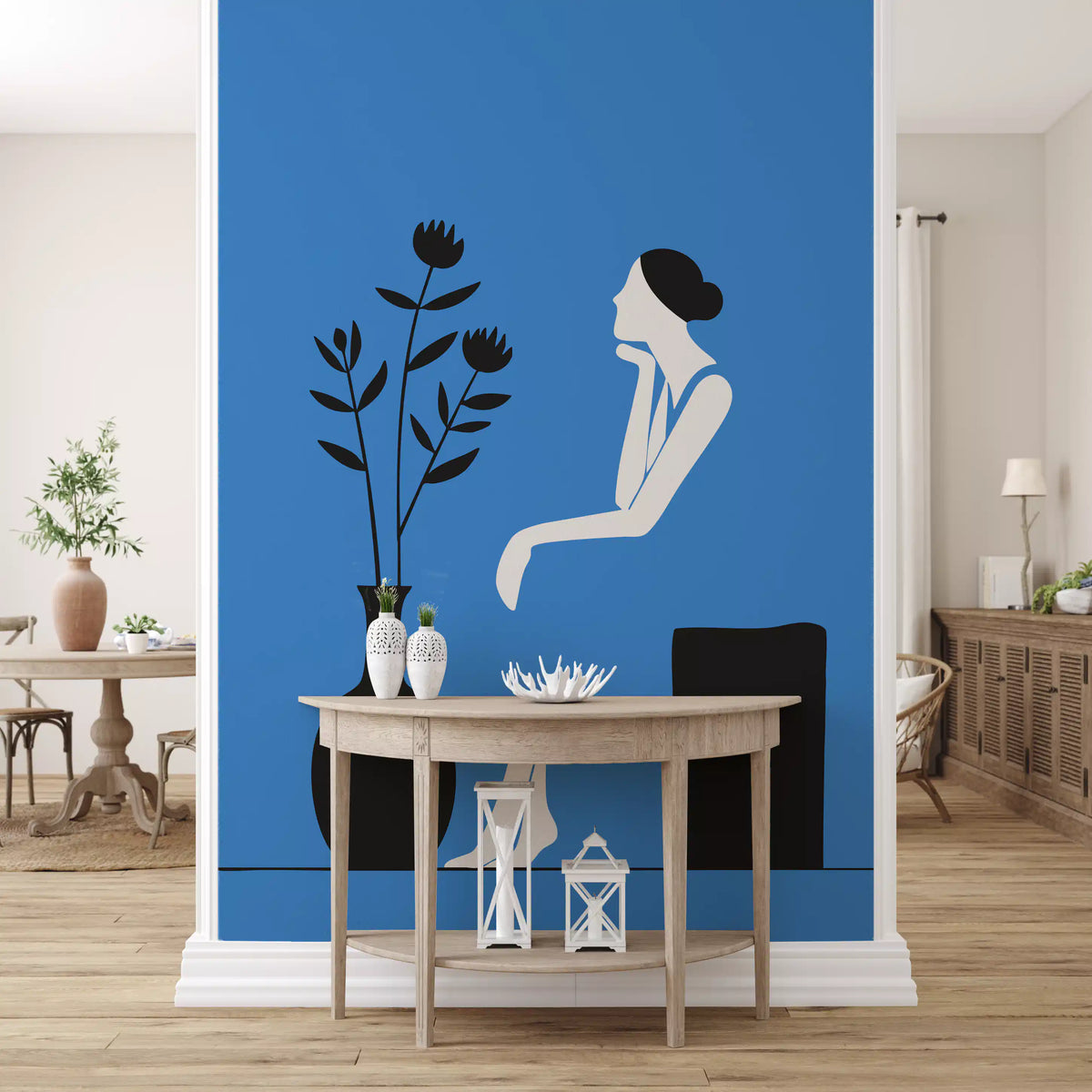 Minimalistisches Wandbild „Dame im blauen Kleid“
