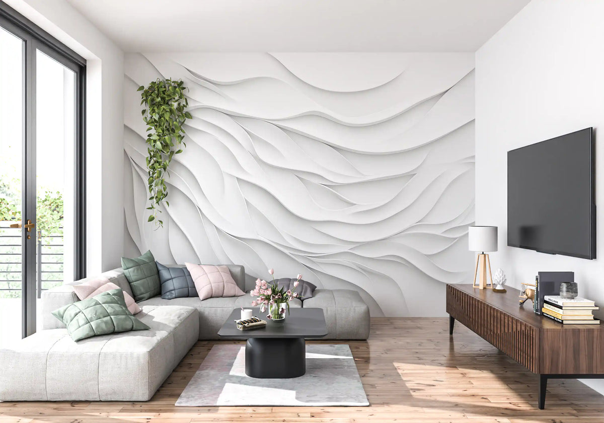 Minimalistisches Wandbild „Fließende weiße Wellen“