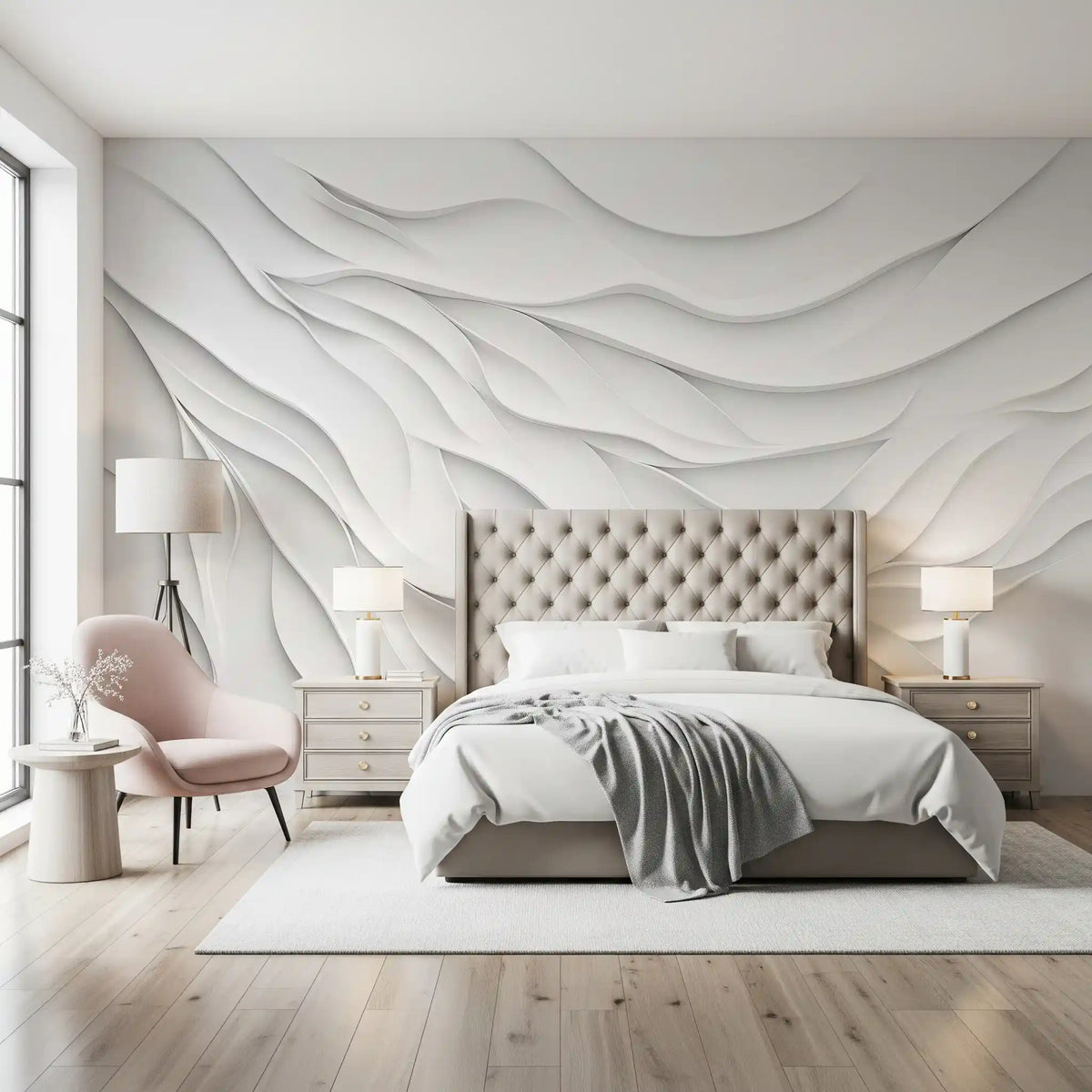 Minimalistisches Wandbild „Fließende weiße Wellen“
