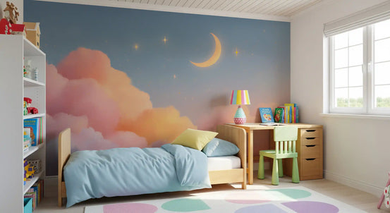 Wandmuurschildering met pastelkleurige, met sterren bezaaide wolken en maanhorizon