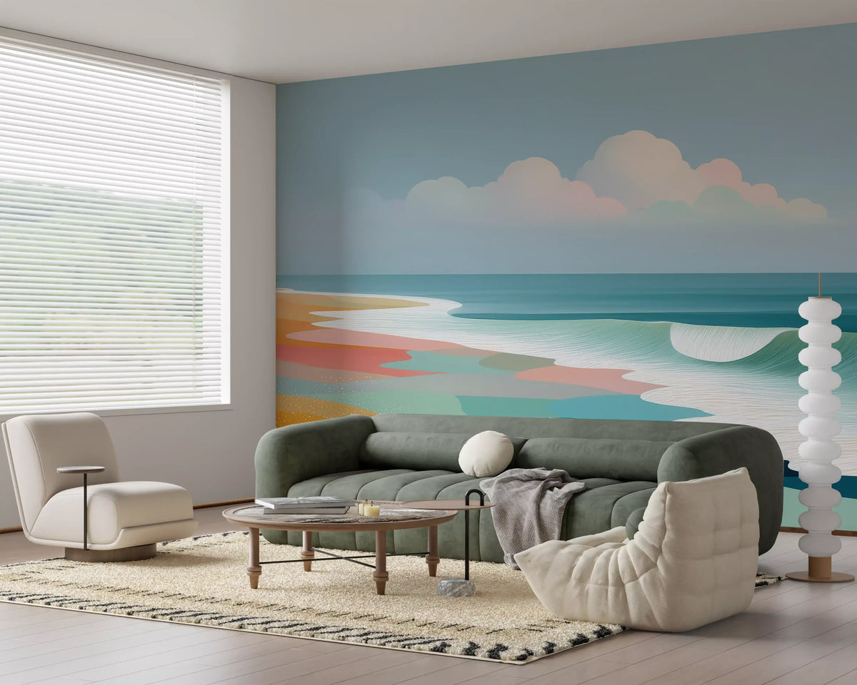 Papier peint panoramique mural représentant un horizon de plage tropicale éclatant et des vagues ondoyantes