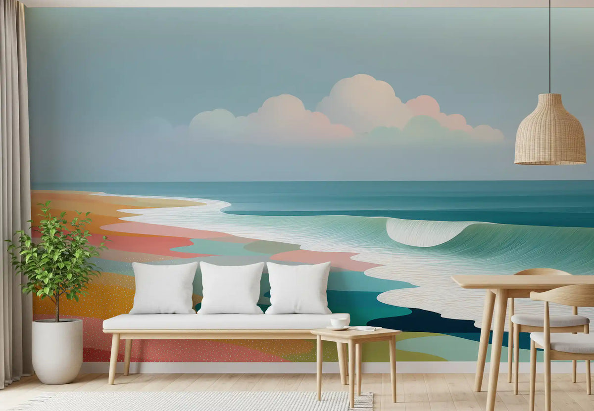 Beach wallpaper behind a white cushioned bench, oak side table and rattan pendant GD13638