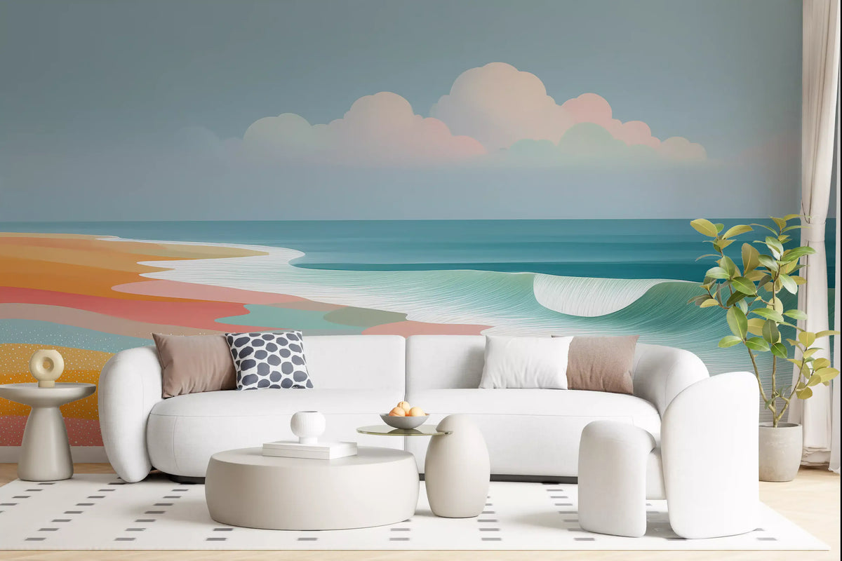 Papier peint panoramique mural représentant un horizon de plage tropicale éclatant et des vagues ondoyantes