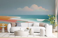Papier peint panoramique mural représentant un horizon de plage tropicale éclatant et des vagues ondoyantes