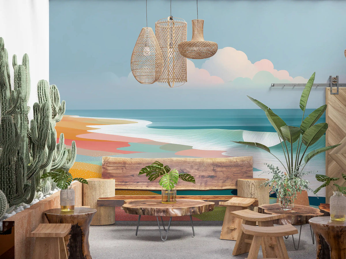 Papier peint panoramique mural représentant un horizon de plage tropicale éclatant et des vagues ondoyantes